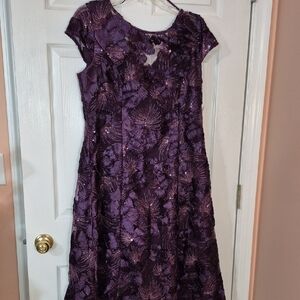 Alex Evenings Tea Length Eggplant Cap Sleeve Dress 14 NWT